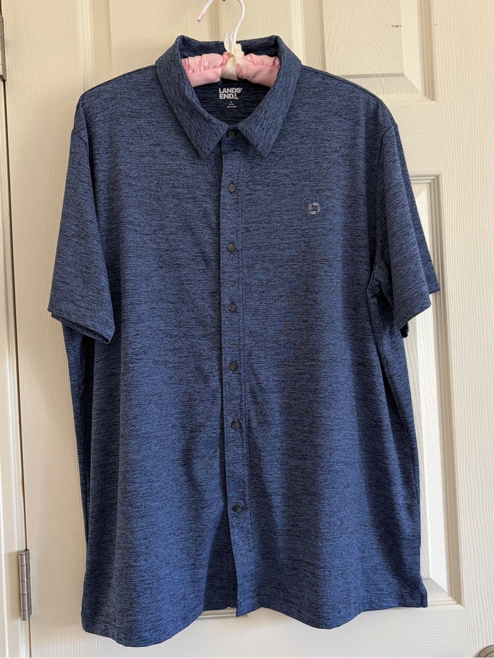 Lands' End Men's Heathered Navy Short-Sleeve Performance Button-Down Shirt Large